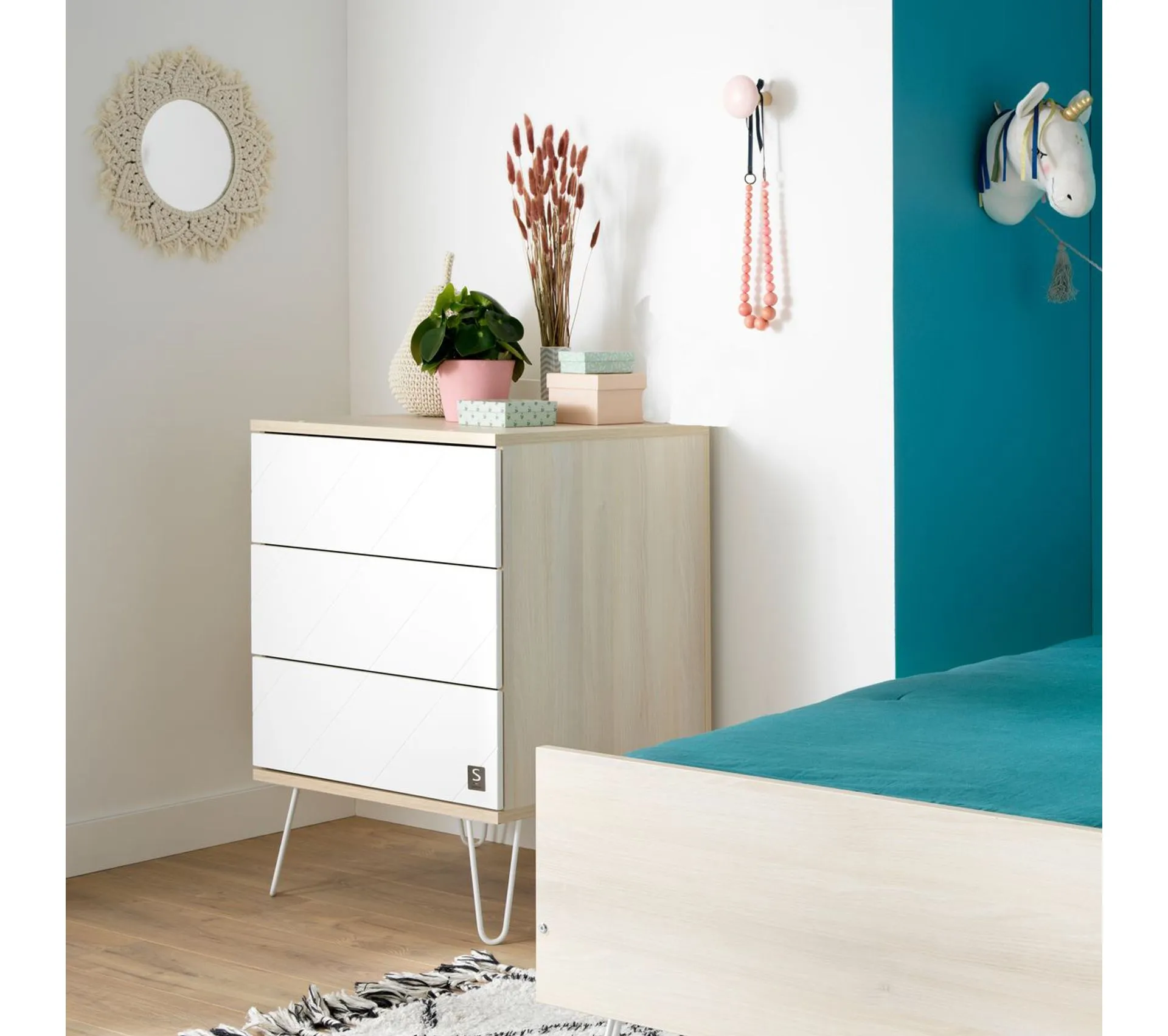 Petite Commode 3 Tiroirs Happy - Blanc Et Bois